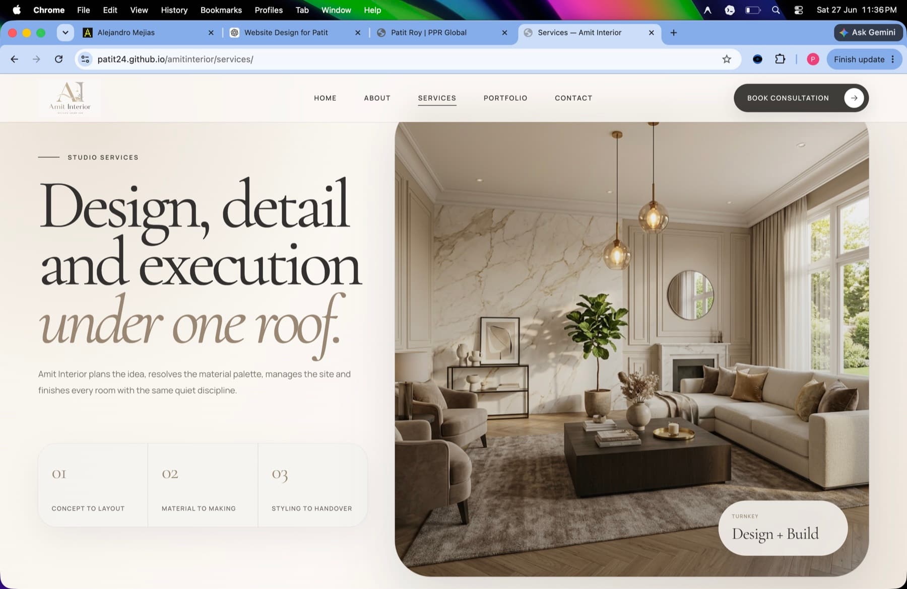 Design + Build screen from Interior Amit Website case study